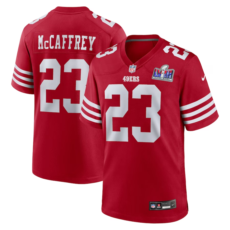 Men's San Francisco 49ers Christian McCaffrey #23 Scarlet Super Bowl LVIII Jersey